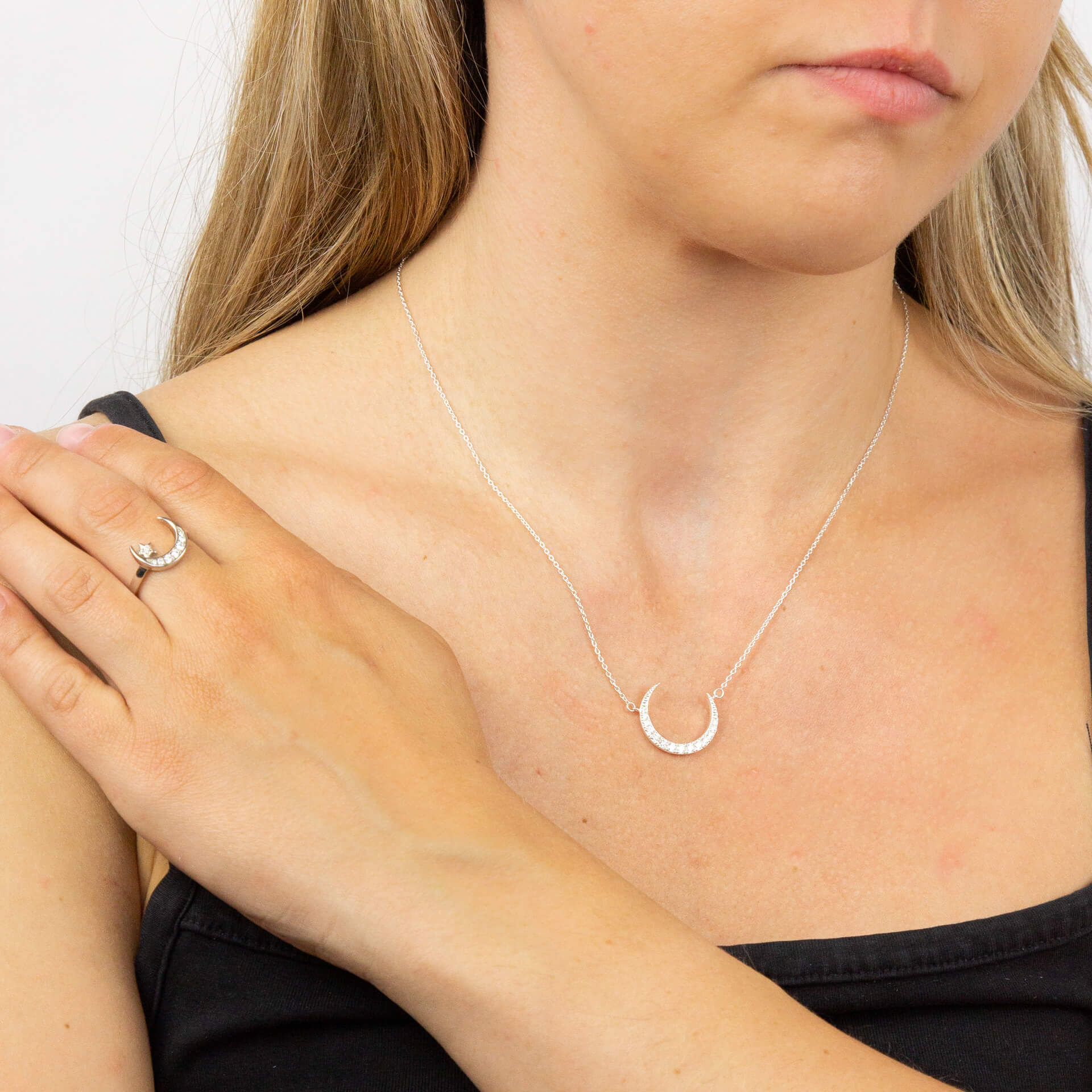 Crescent Moon and Star Ring with CZ