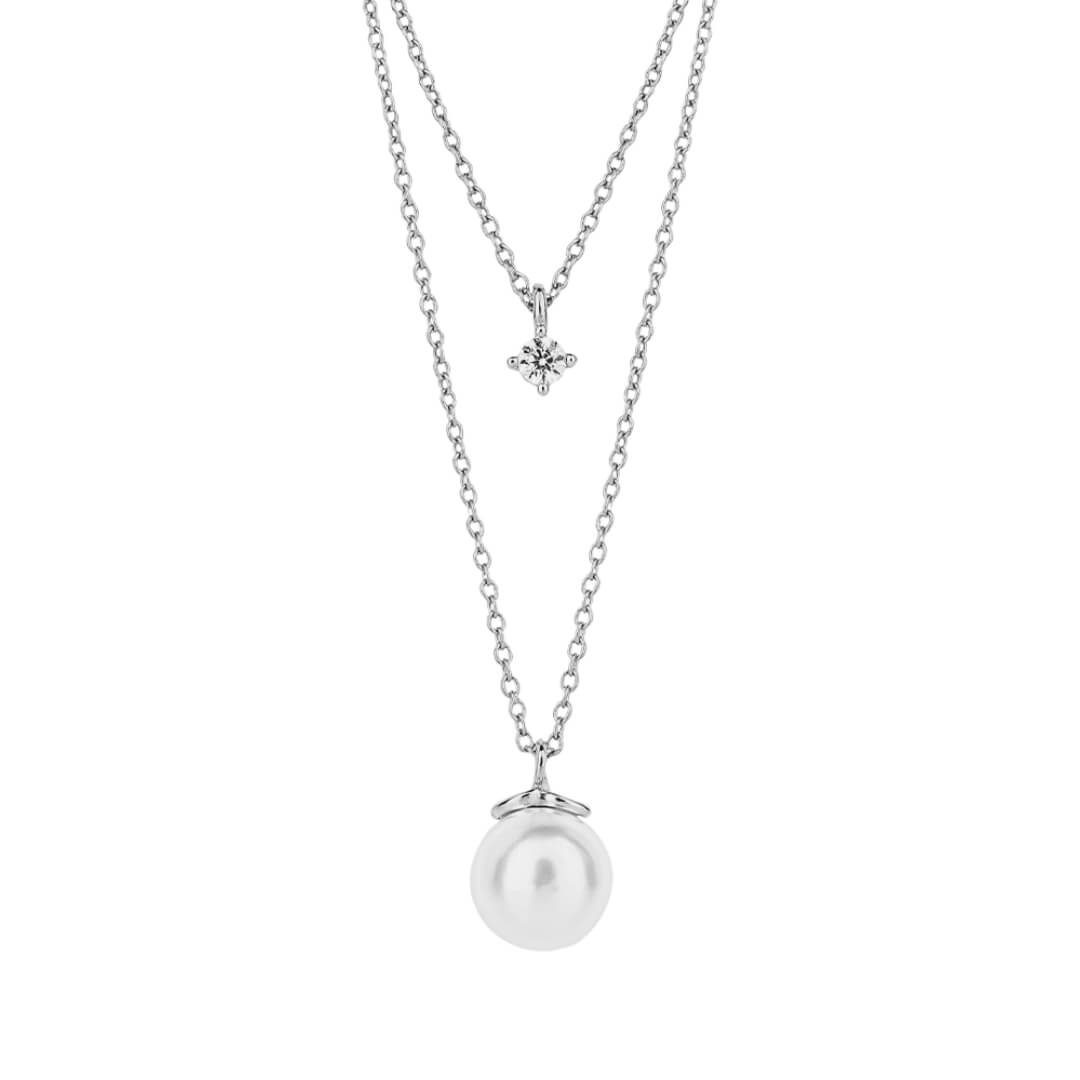 Double Chain Necklace with Shell Pearl and Zirconia