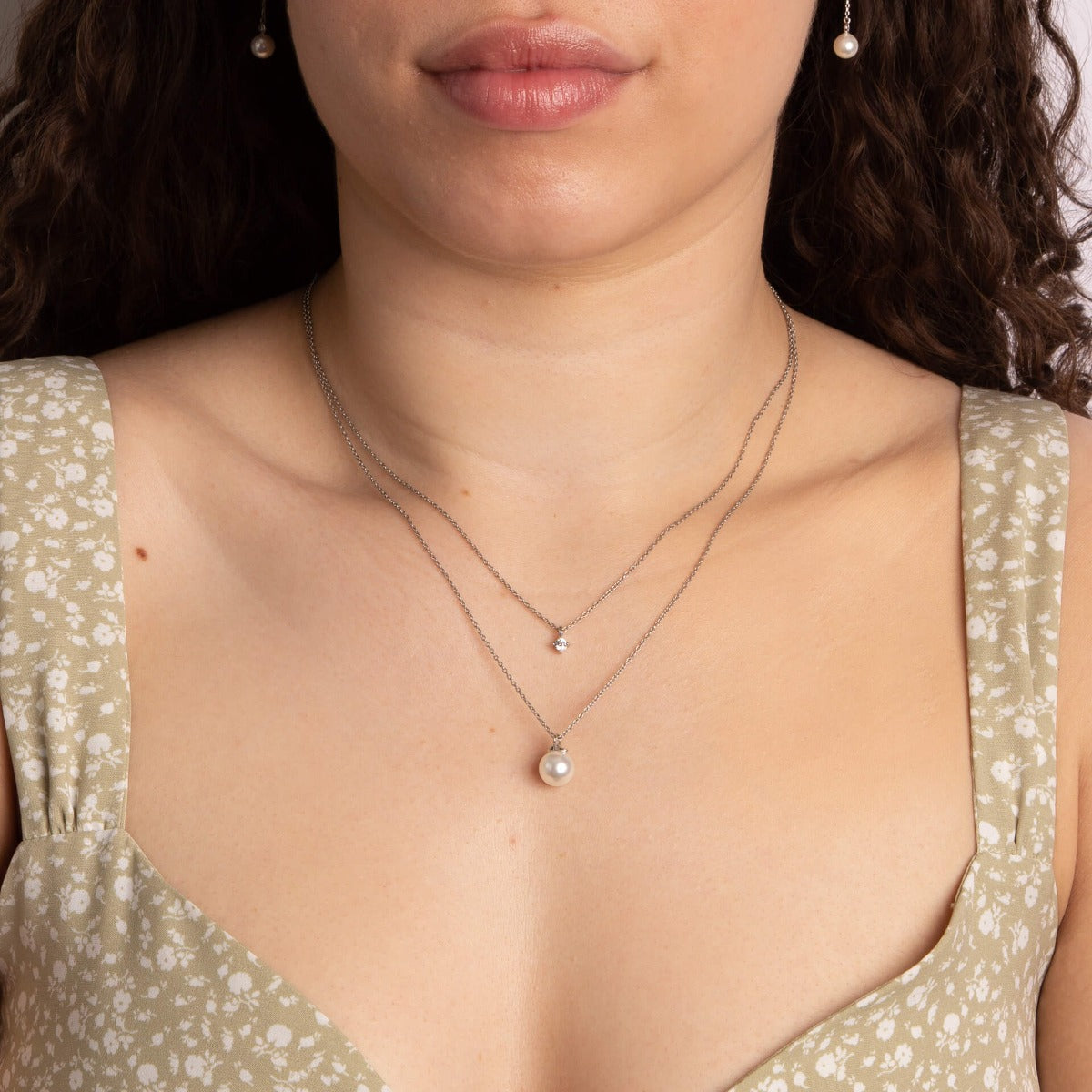Double Chain Necklace with Shell Pearl and Zirconia