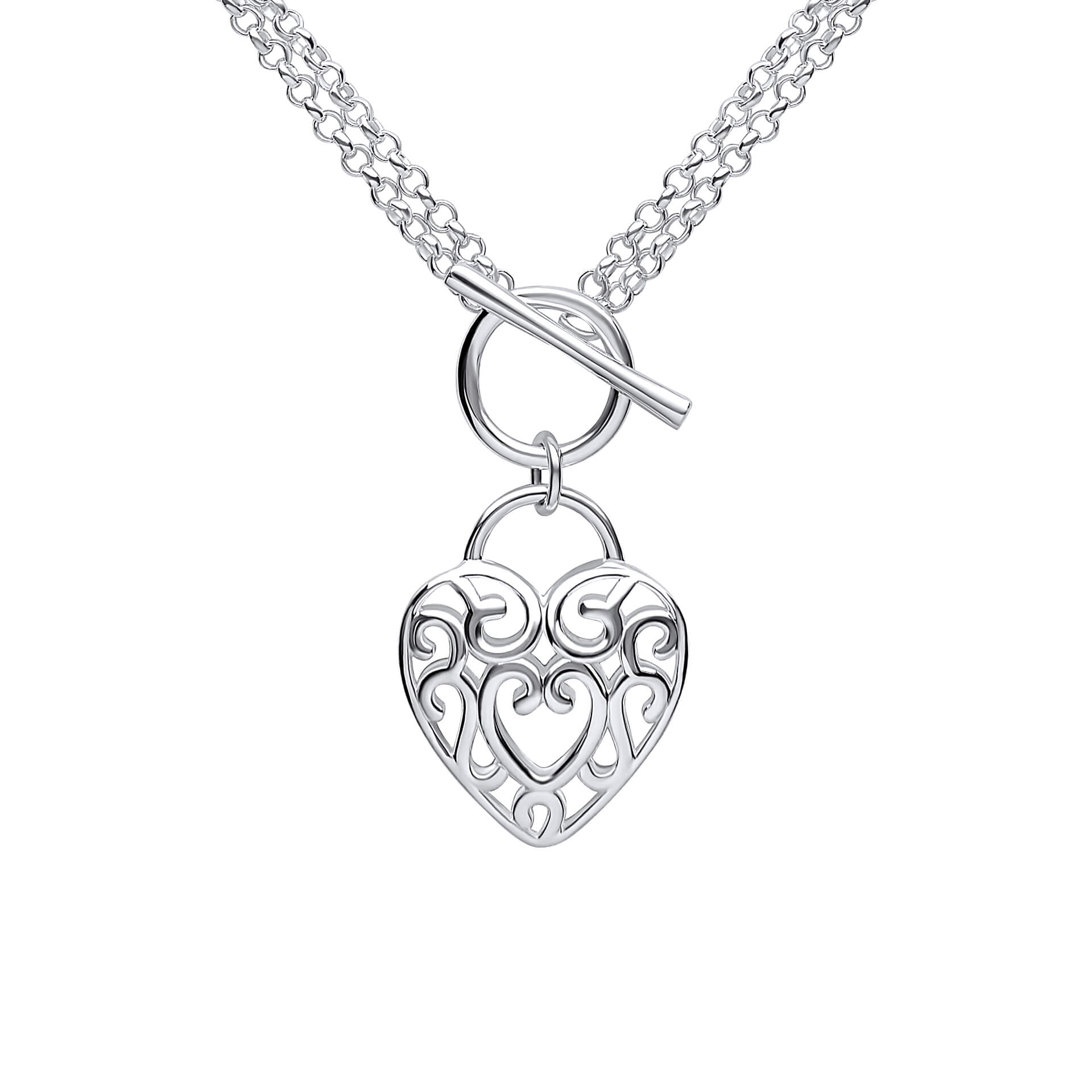 Large Filigree Heart Double Chain T-Bar Necklace