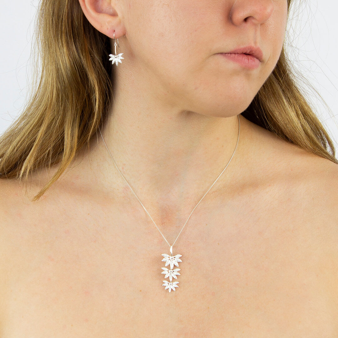 Horsetail Plant Fossil Drop Earrings with Pave Cubic Zirconia