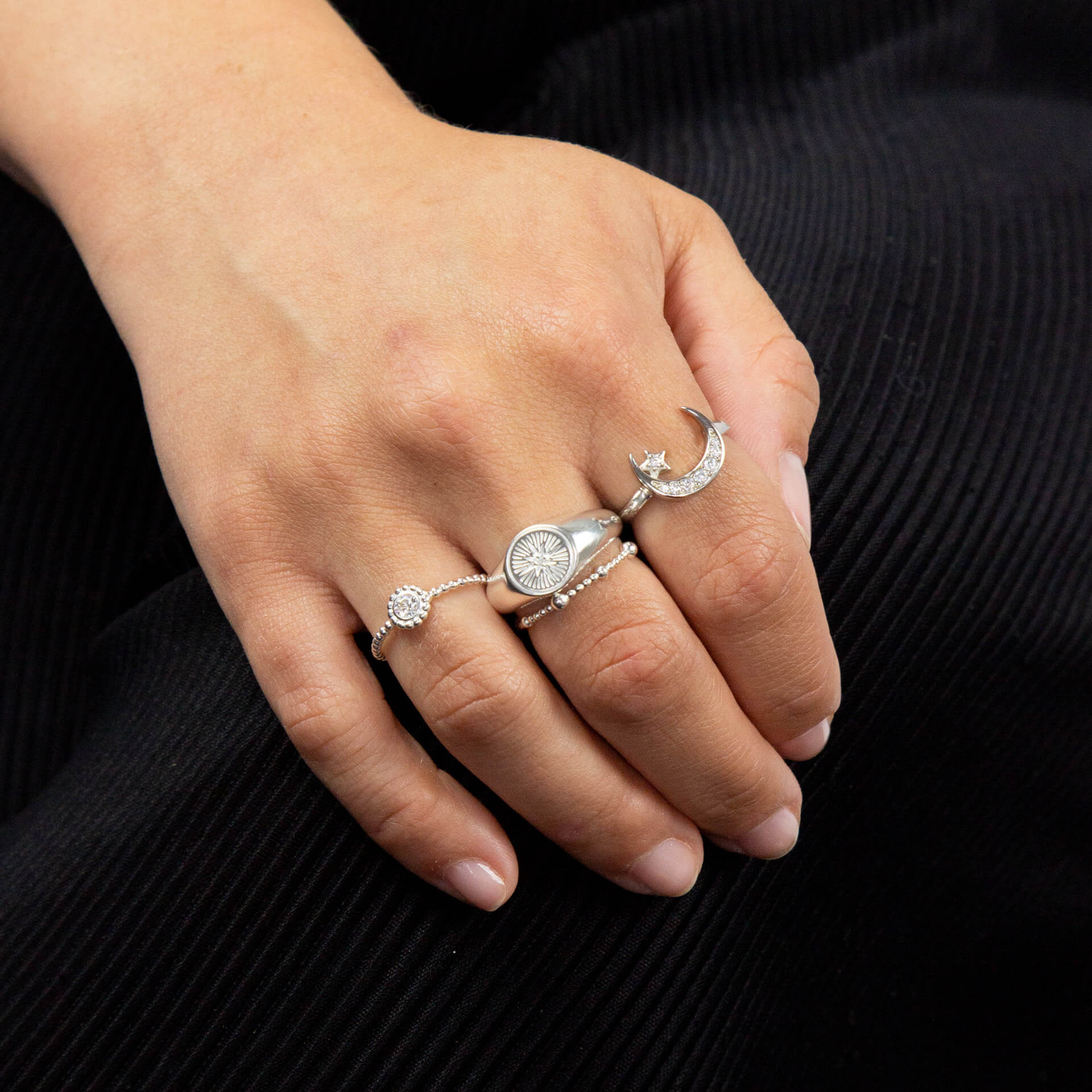 Crescent Moon and Star Ring with CZ