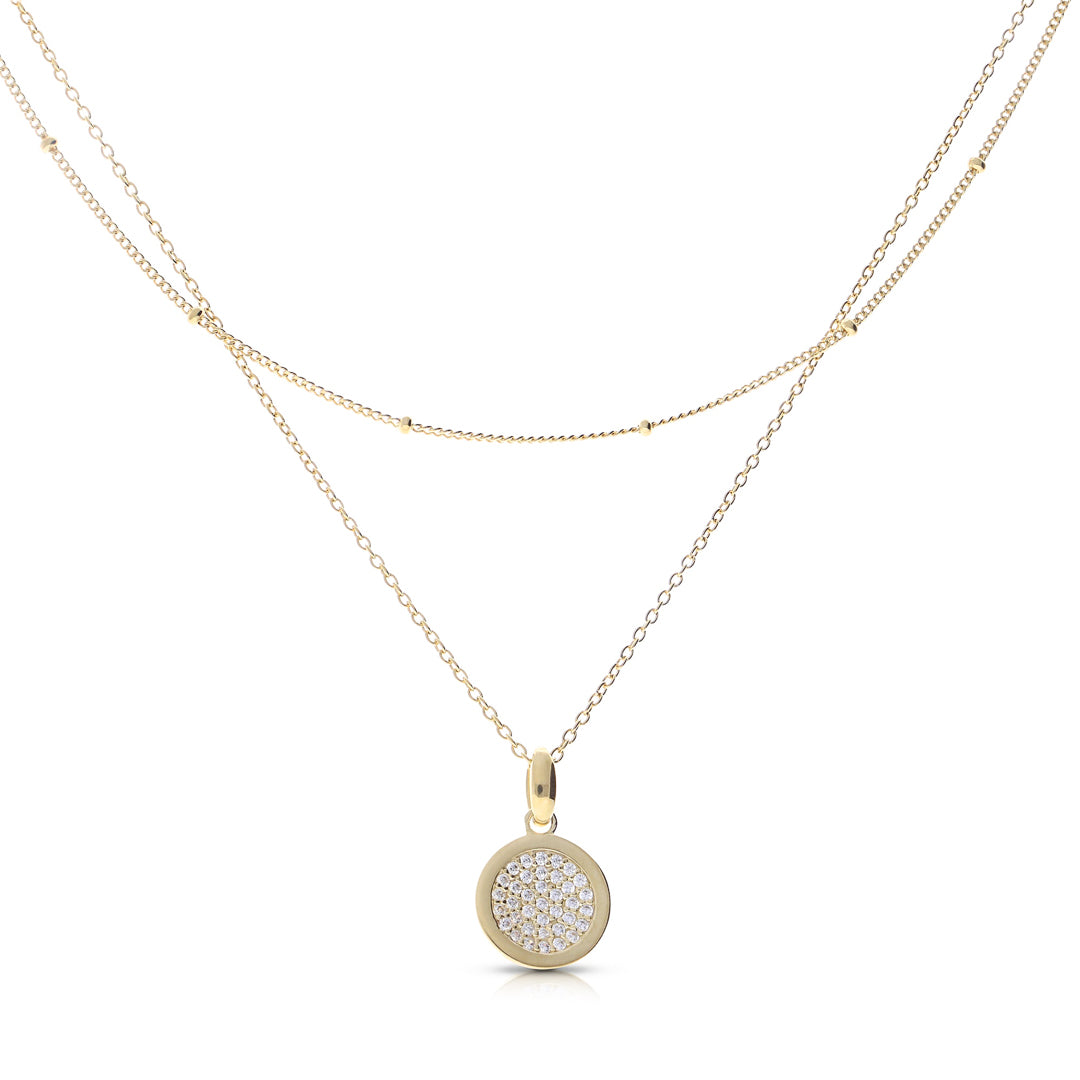 Layered Ball Chain Necklace with Pave Zirconia Pendant