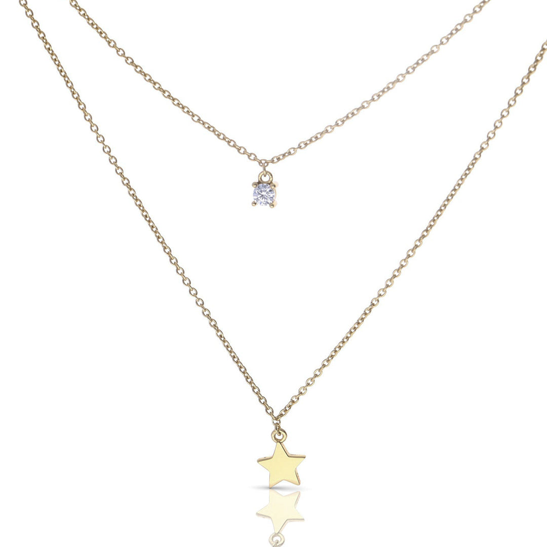 Star and Zirconia Double Chain Necklace