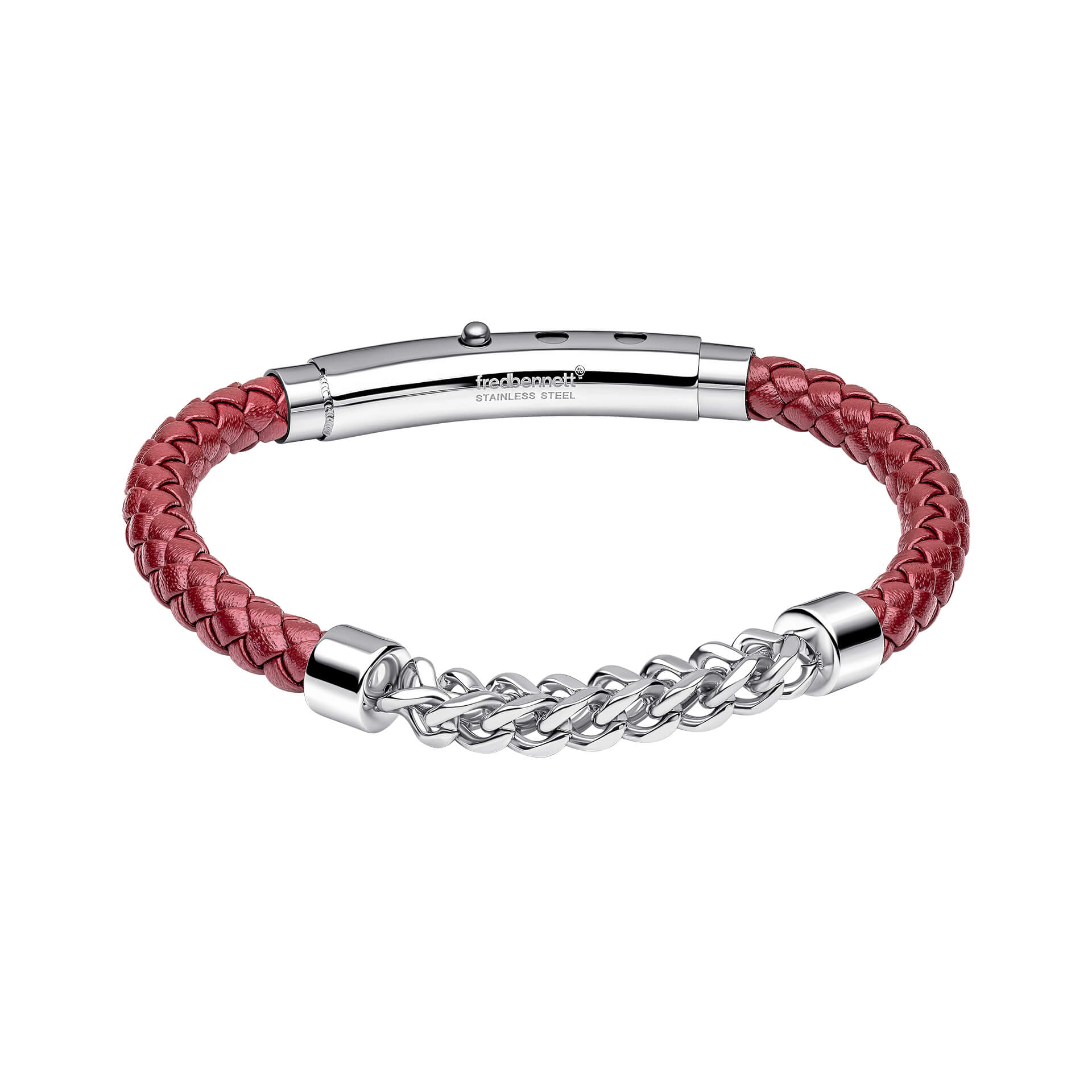 Burgundy Leather and Stainless Steel Chain Detail Bracelet