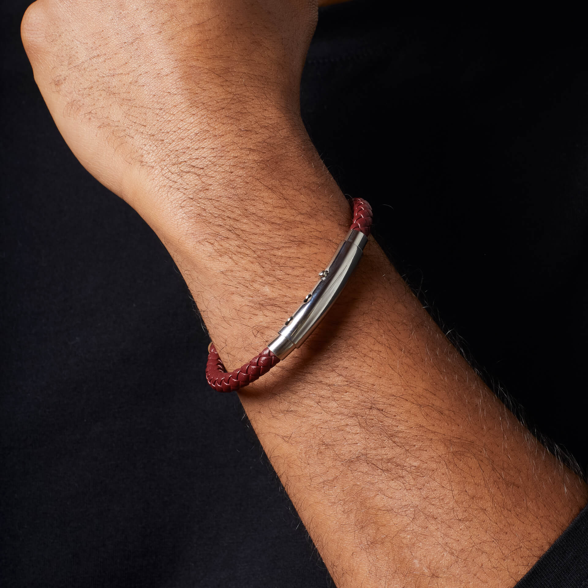 Burgundy Leather and Stainless Steel Chain Detail Bracelet