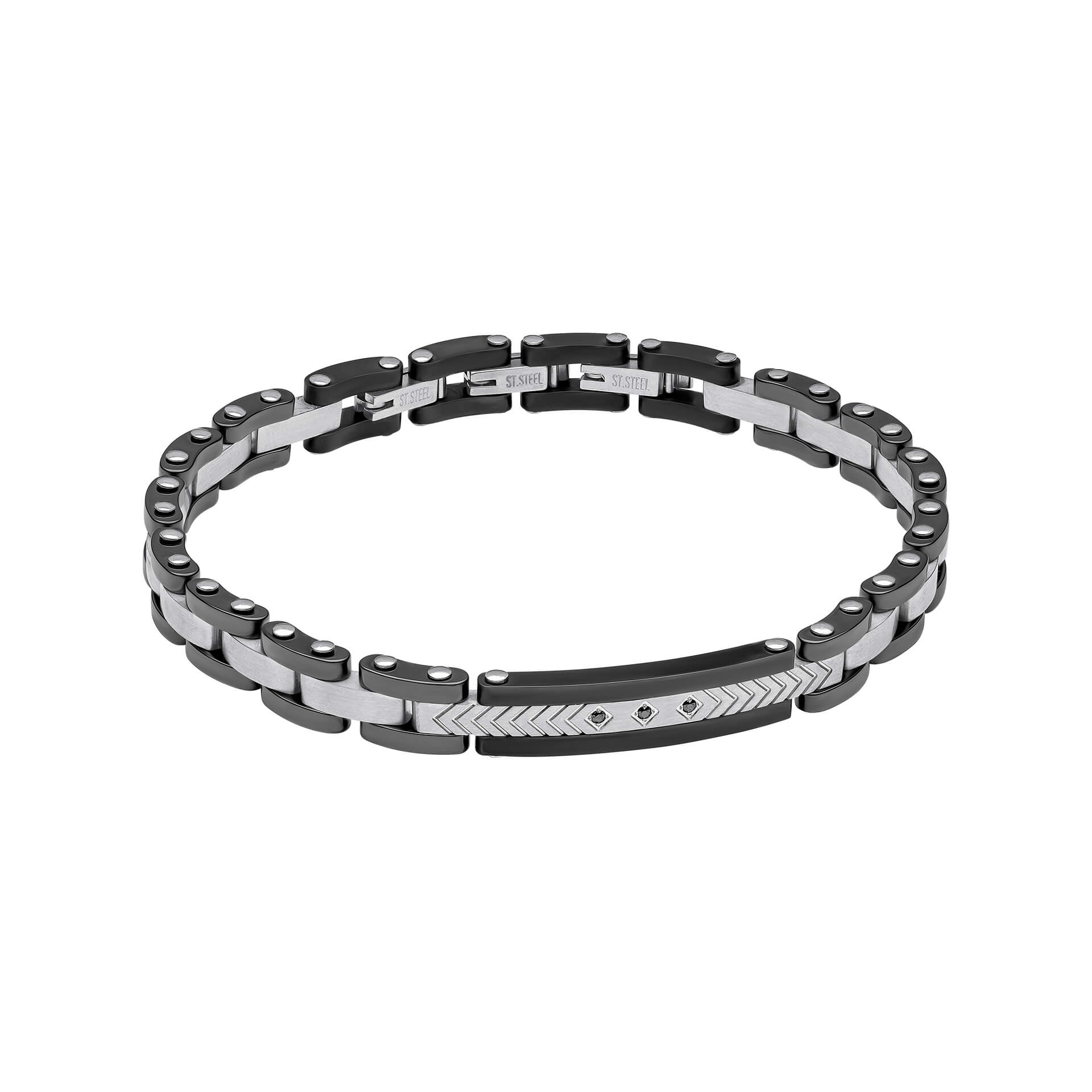 Stainless Steel & Ceramic Link Bracelet with Black CZ Detail