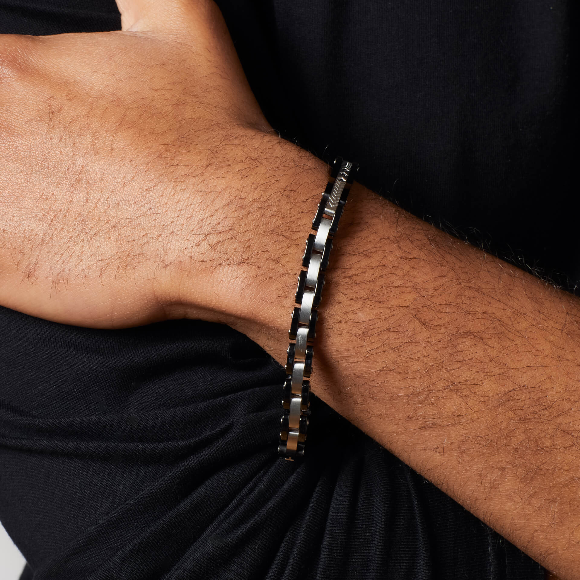 Stainless Steel & Ceramic Link Bracelet with Black CZ Detail