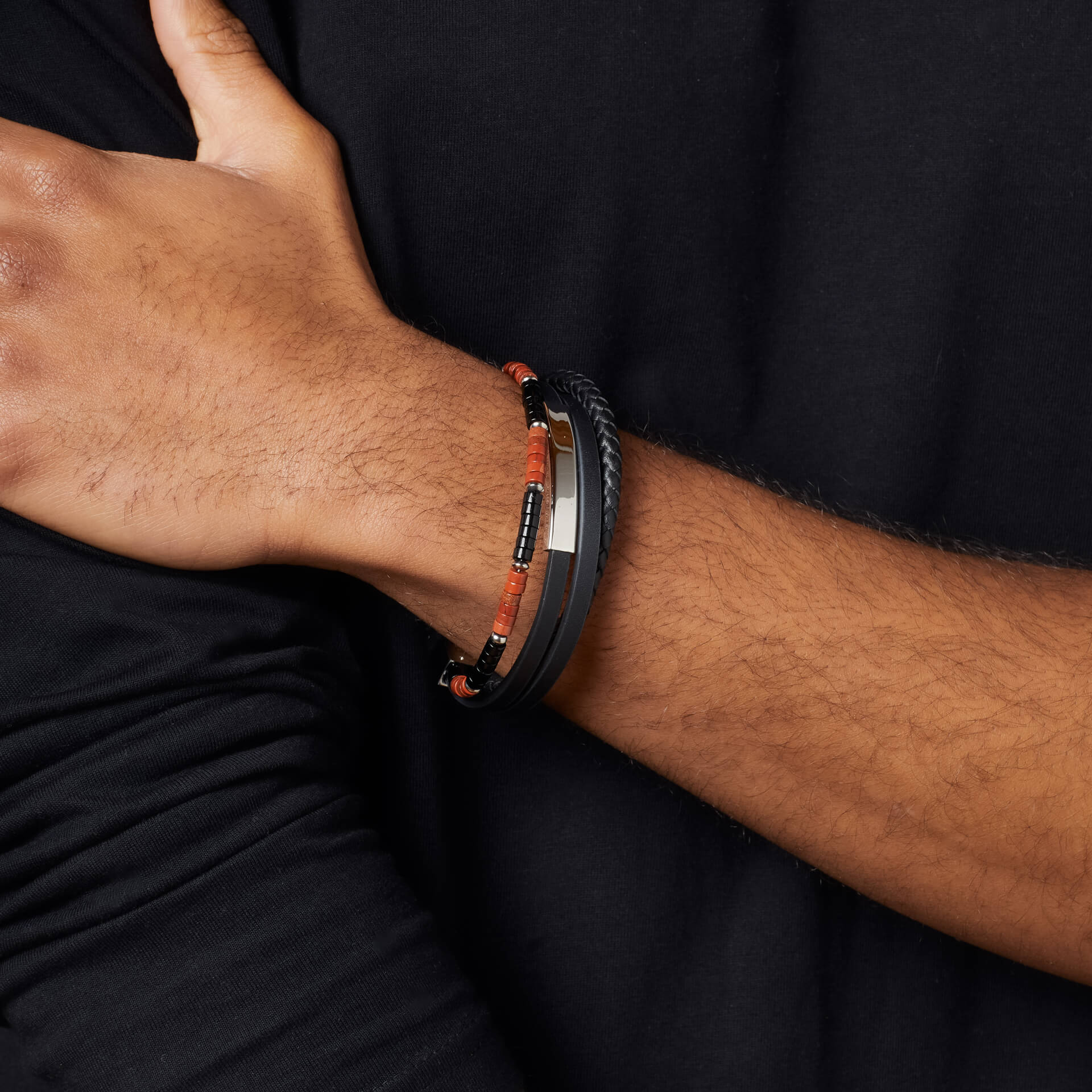 Red Jasper and Onyx Multi- Layer Leather Bracelet