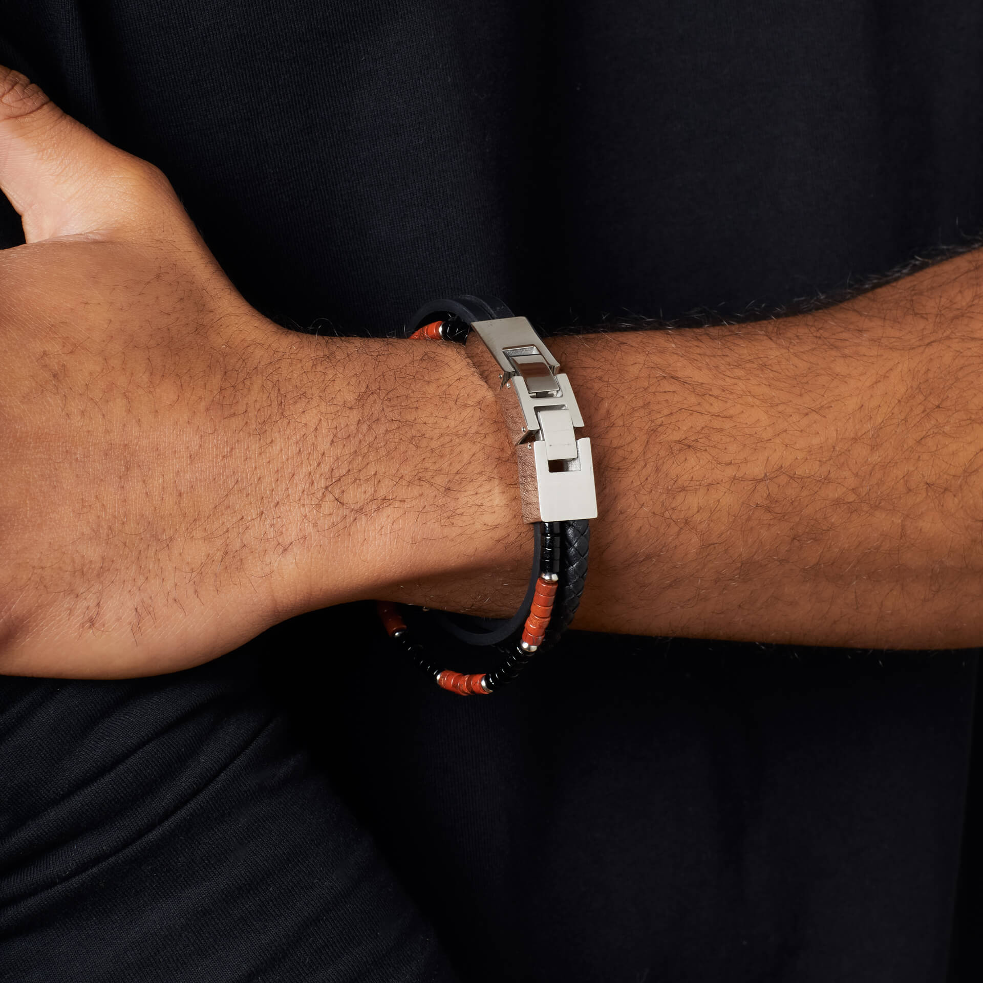 Red Jasper and Onyx Multi- Layer Leather Bracelet