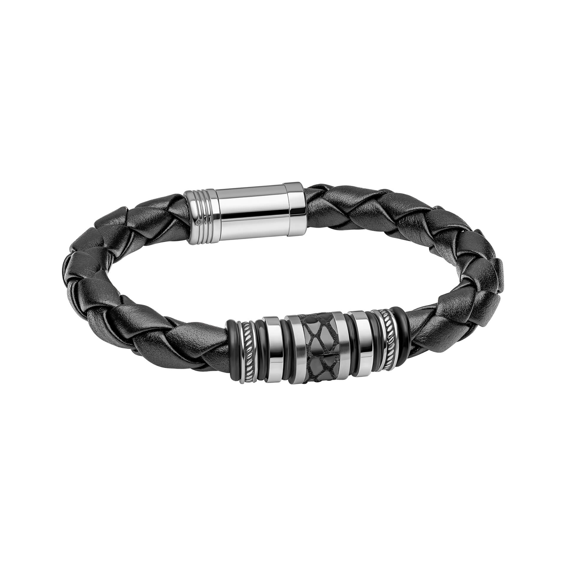 Black Leather and Stainless Steel Centrepiece Bracelet