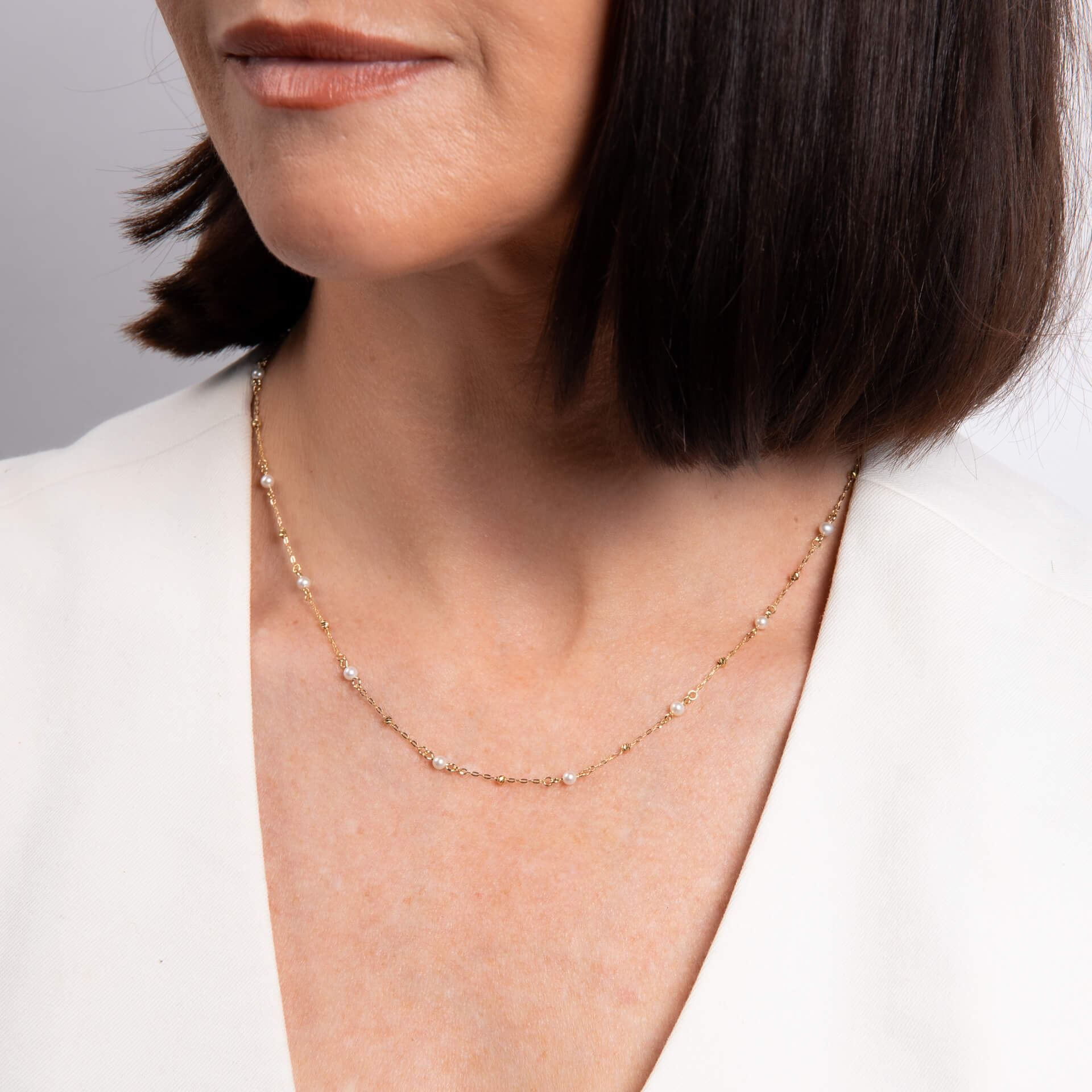 Trace Chain Station Necklace with Freshwater Pearls
