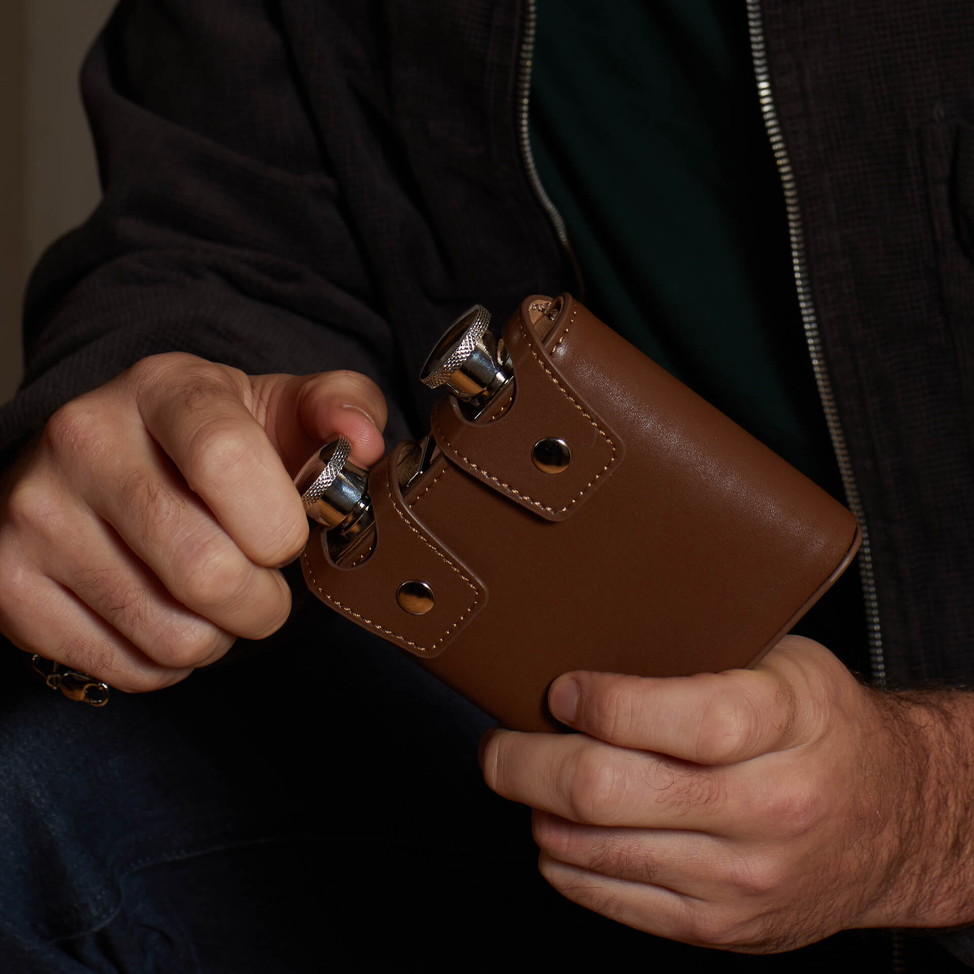 Twin Brown Leather 3oz Hip Flasks with Case