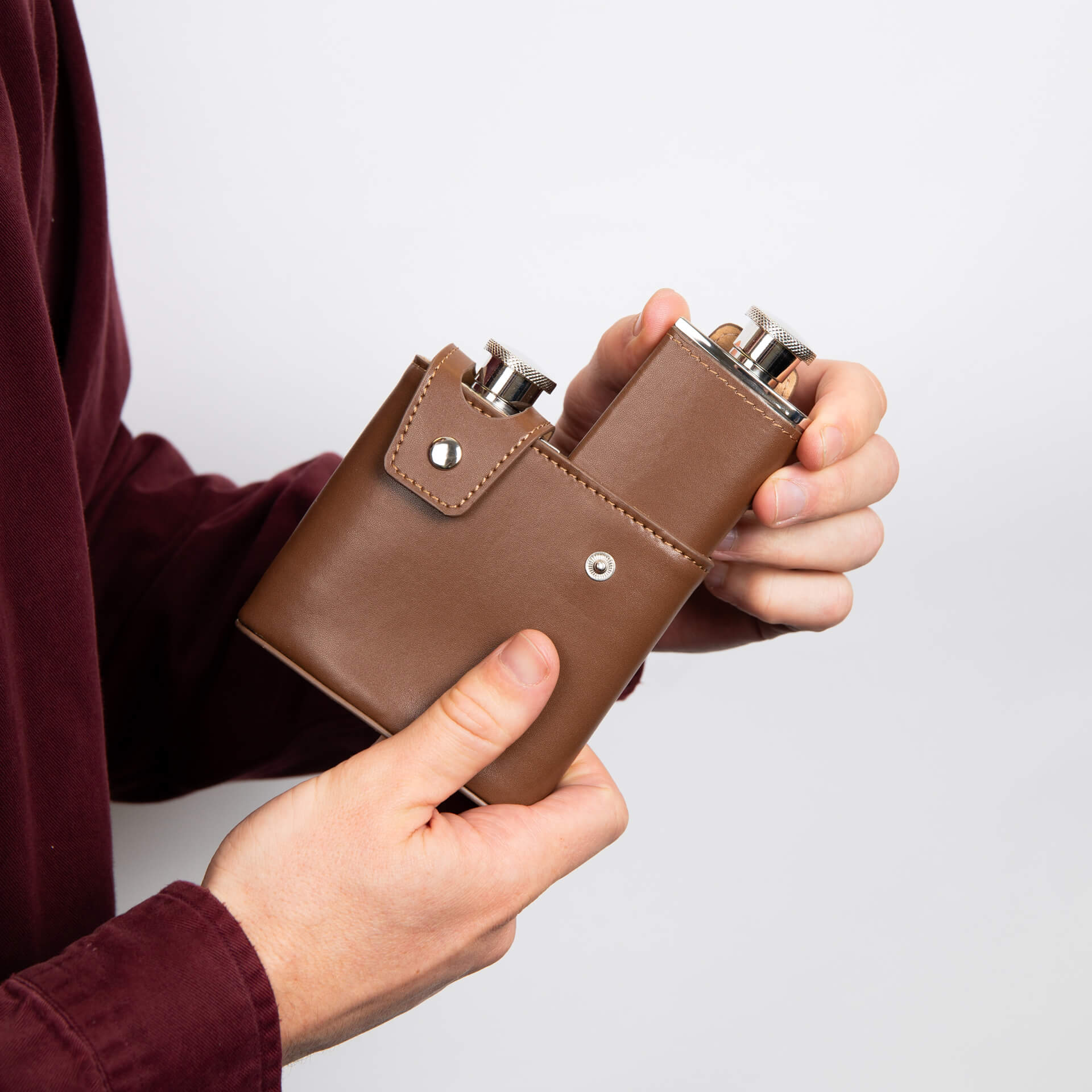 Twin Brown Leather 3oz Hip Flasks with Case