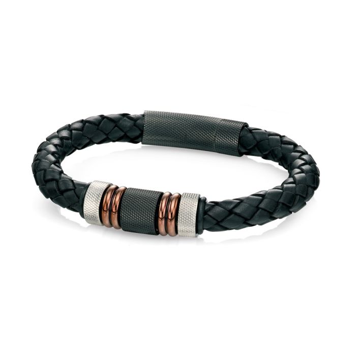 Black Leather Woven Bracelet with IP Clasp