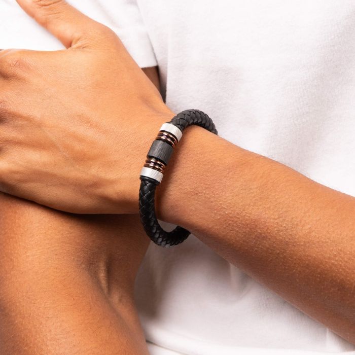 Black Leather Woven Bracelet with IP Clasp
