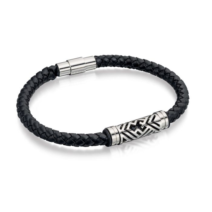Black Plaited Leather Bracelet with Steel Section