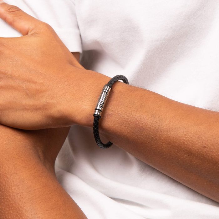 Black Plaited Leather Bracelet with Steel Section