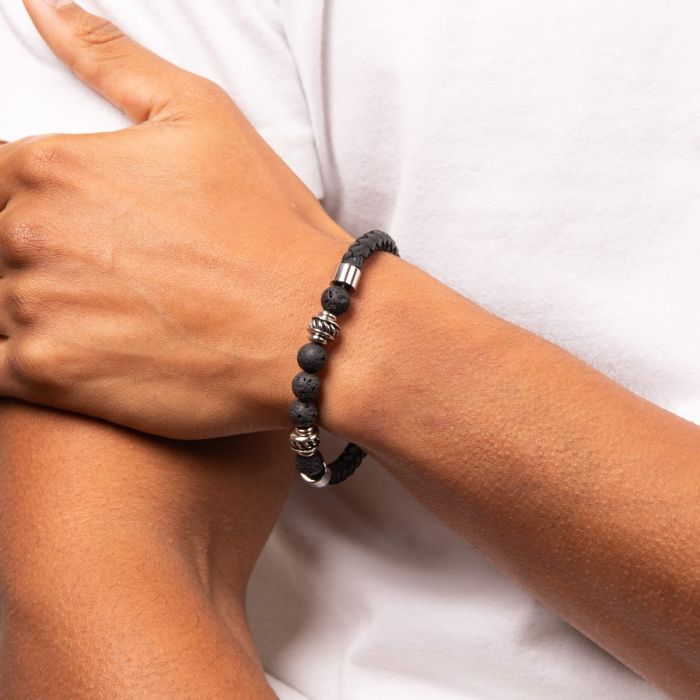 Black Leather Bracelet with Lava Beads