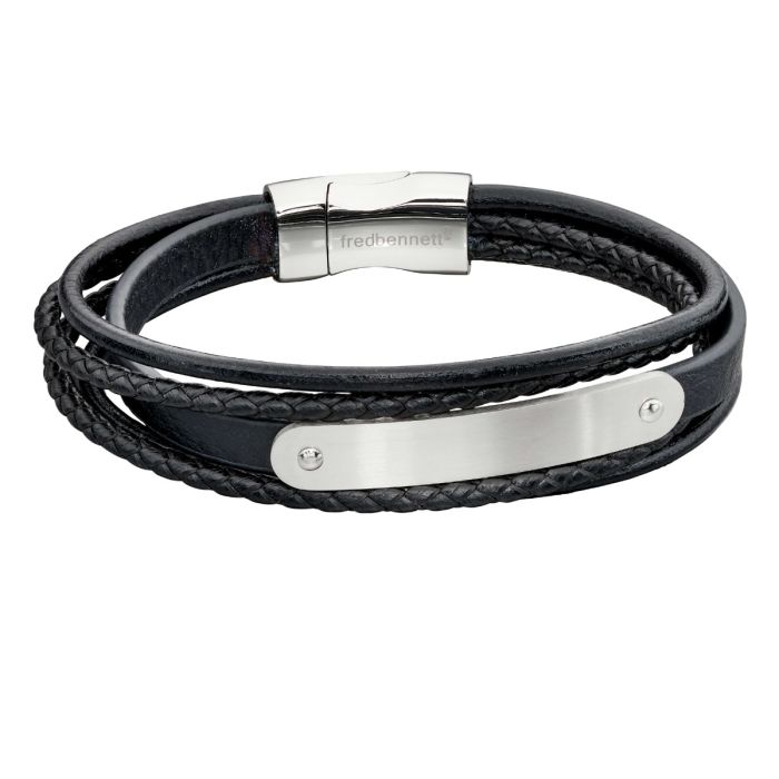 Multi Strand Woven Black Leather & ID Bar Bracelet