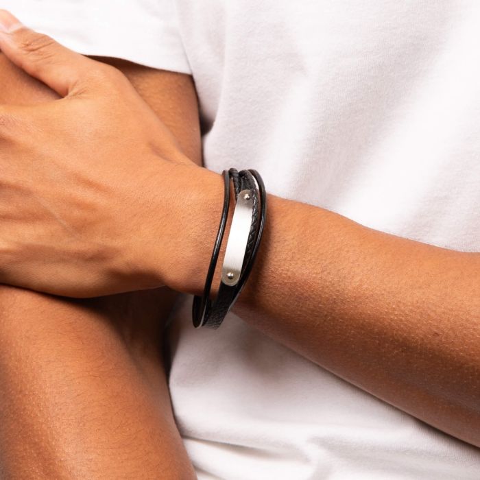 Multi Strand Woven Black Leather & ID Bar Bracelet