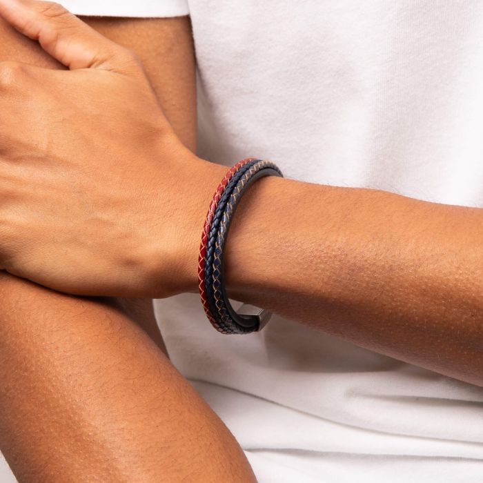 Woven Blue, Red & Grey Leather Bracelet