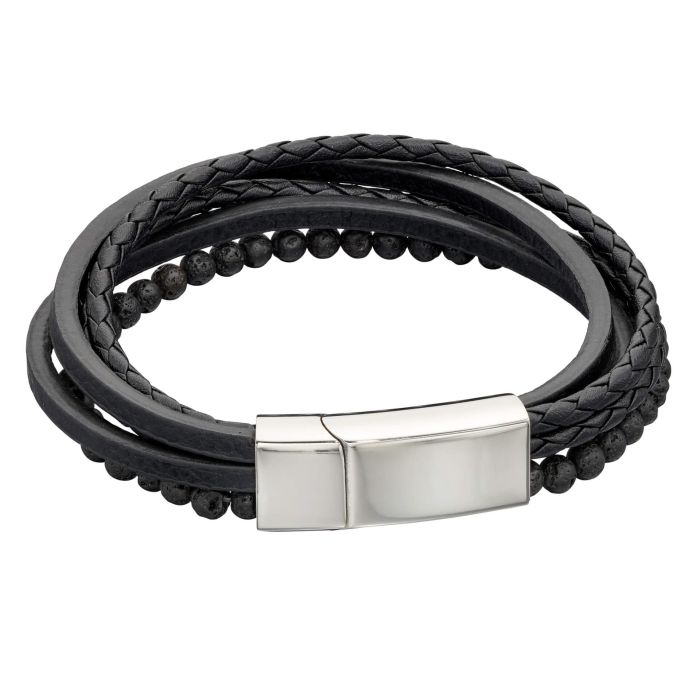 Multi Row Black Leather Bracelet with Lava Beads