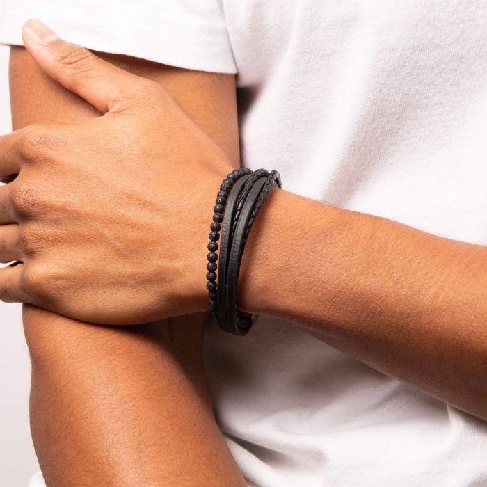 Multi Row Black Leather Bracelet with Lava Beads