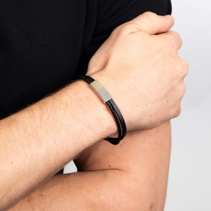 Double Row Black Leather Bracelet