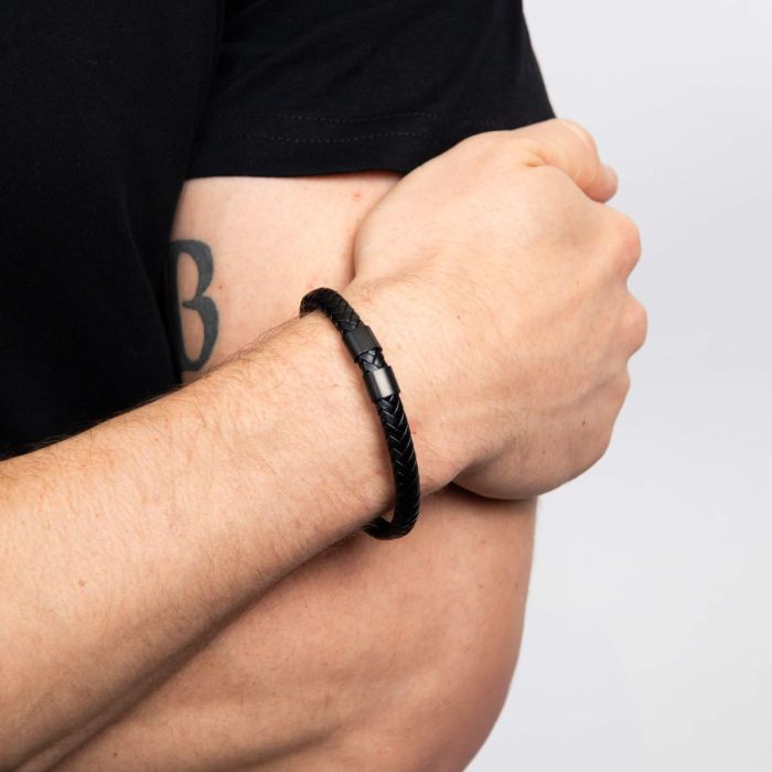 Plaited Black Leather and Black IP Sections Bracelet