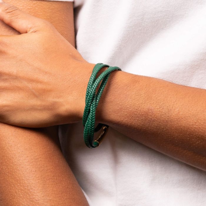 Multi Row Plaited Green Leather Bracelet