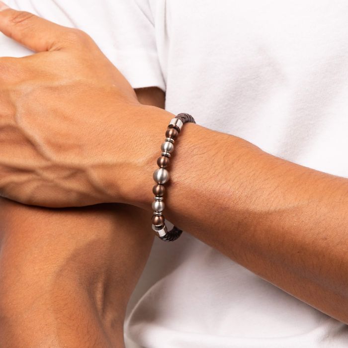 Brown Leather Bracelet with Coffee Plated Stainless Steel Beads