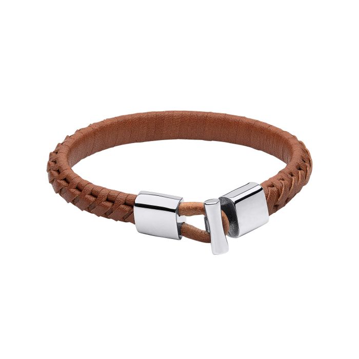 Brown Braided Leather Bracelet with T-Bar Clasp