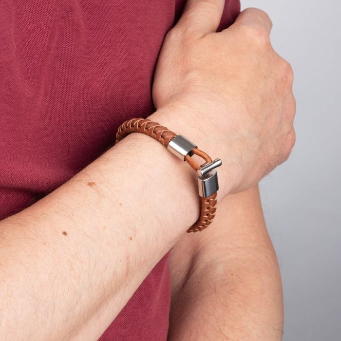 Brown Braided Leather Bracelet with T-Bar Clasp