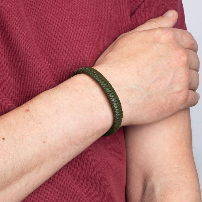 Khaki Braided Leather Bracelet with Black Clasp
