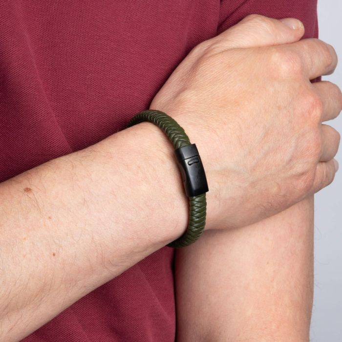 Khaki Braided Leather Bracelet with Black Clasp