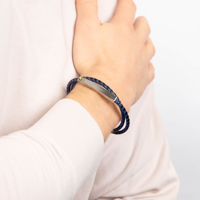 Double Wrap Blue and Black Leather Bracelet