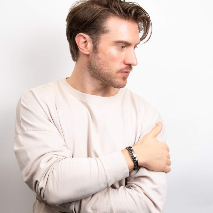 Black Leather and Stainless Steel ID Bar Bracelet