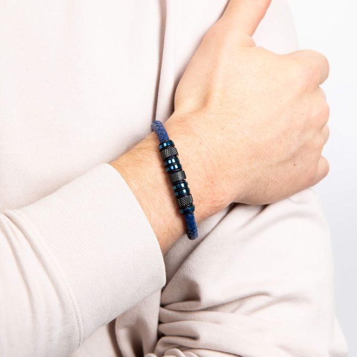 Blue Leather and Stainless Steel Beads Bracelet