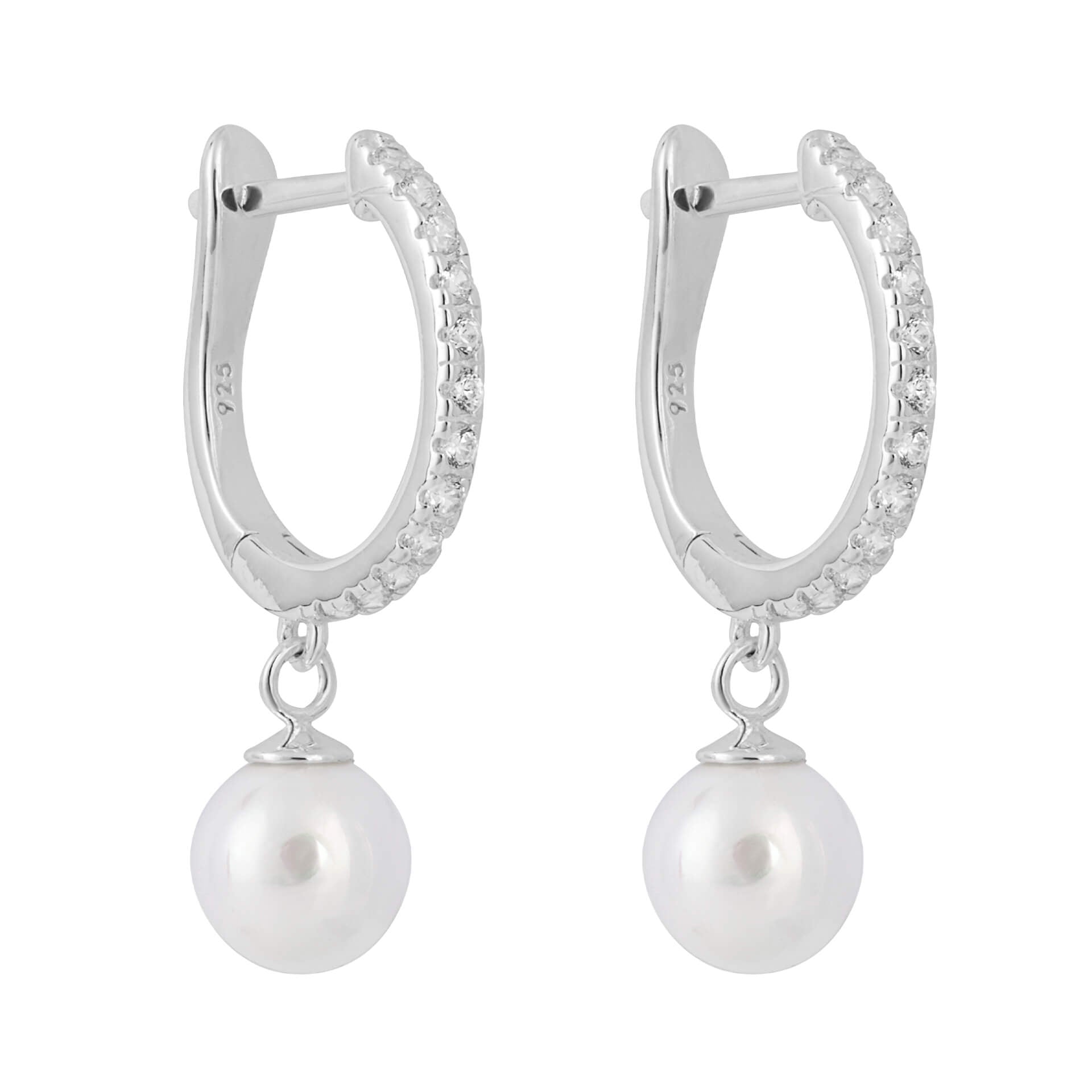 Pave Cubic Zirconia Hoop Earrings with Pearl Drop Charm