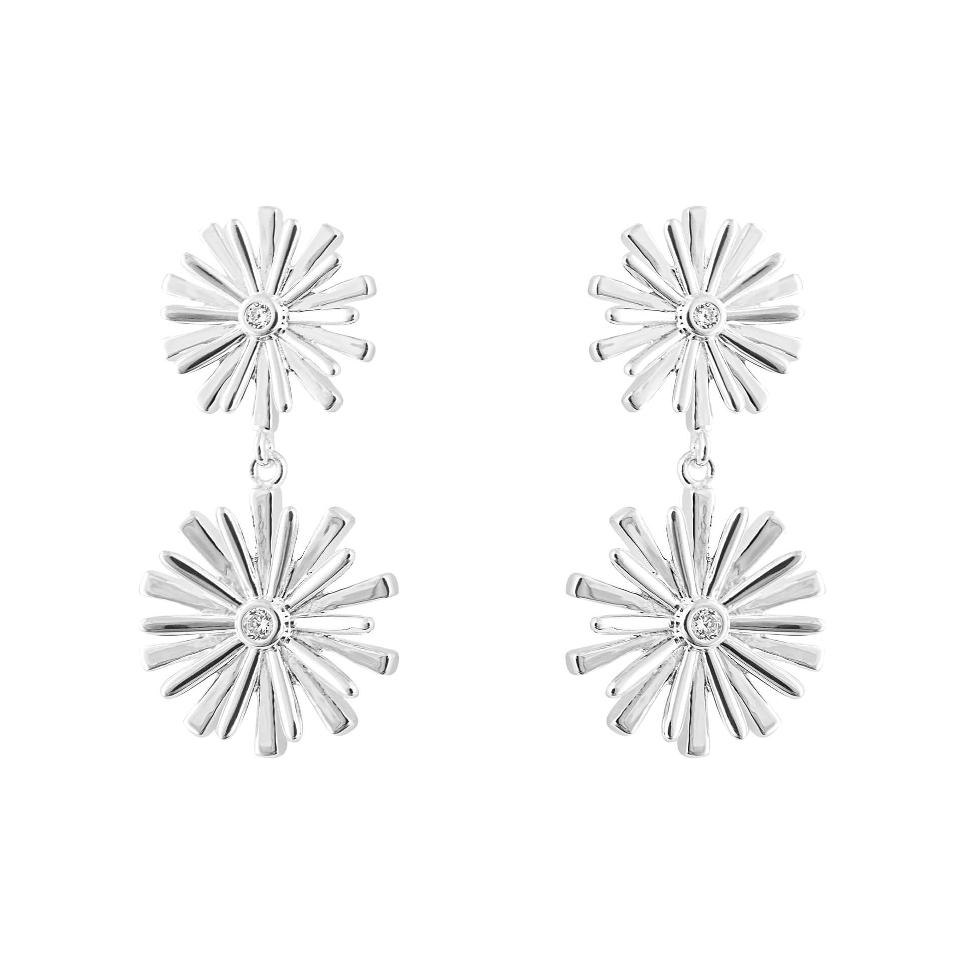 Stylised Double Flower Drop Earrings with Cubic Zirconia