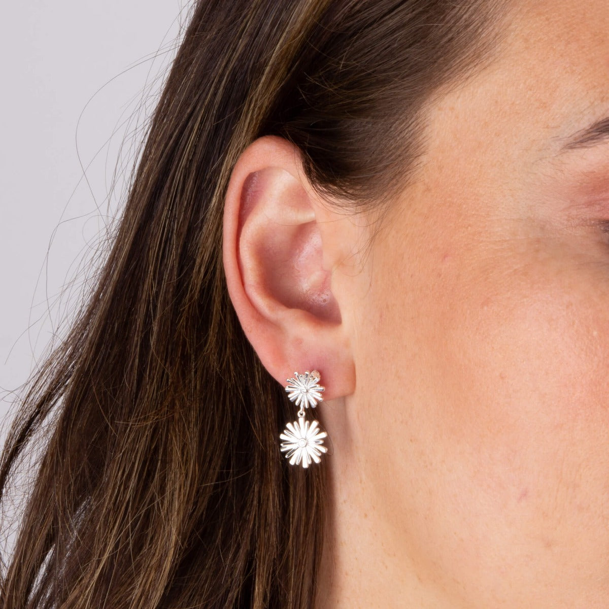 Stylised Double Flower Drop Earrings with Cubic Zirconia