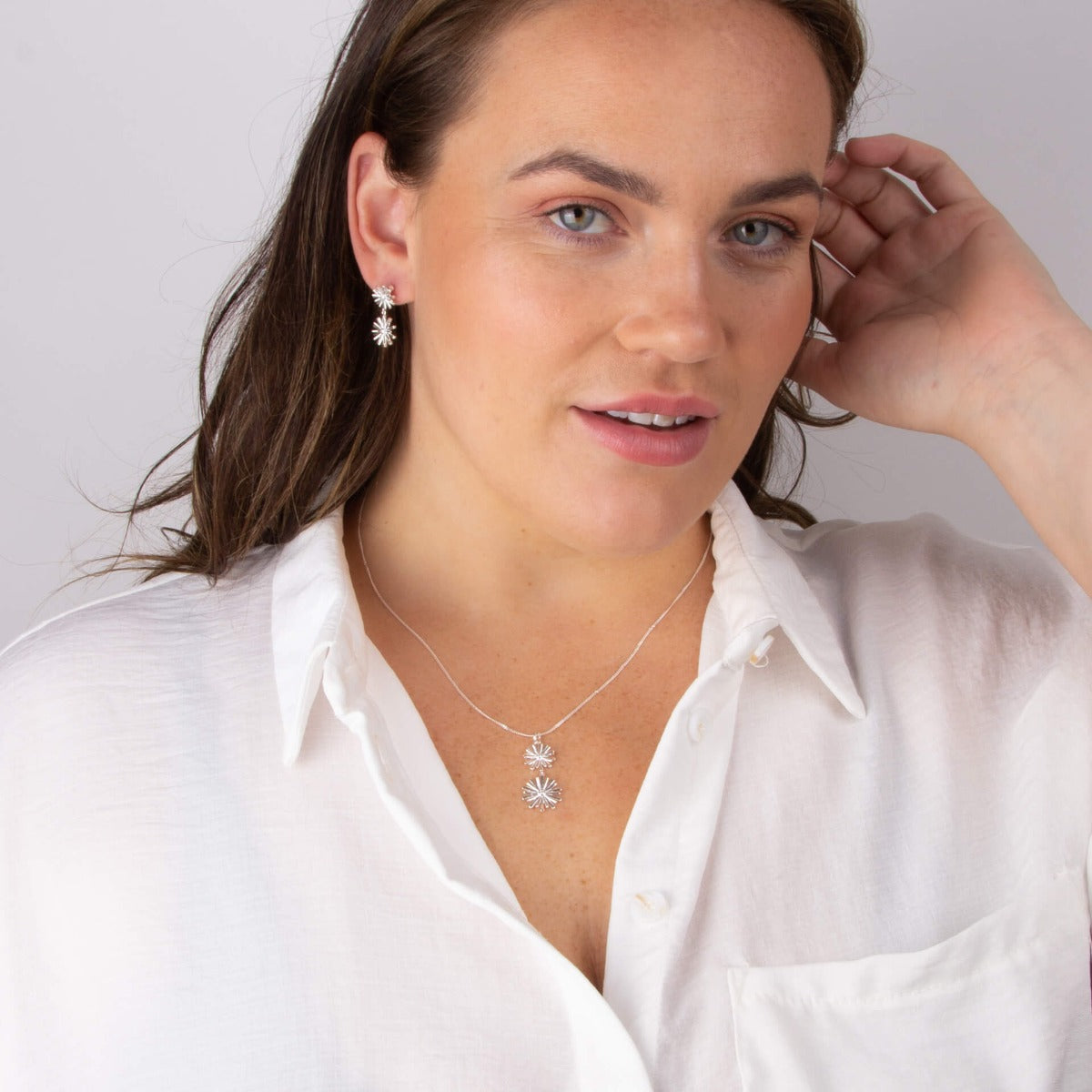 Stylised Double Flower Drop Pendant with Cubic Zirconia