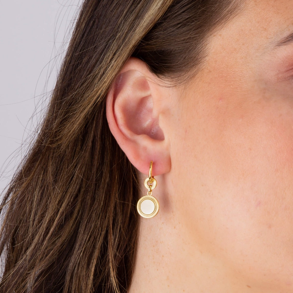 Ridged Disc Assembled Hoop Earrings with Yellow Gold Plating