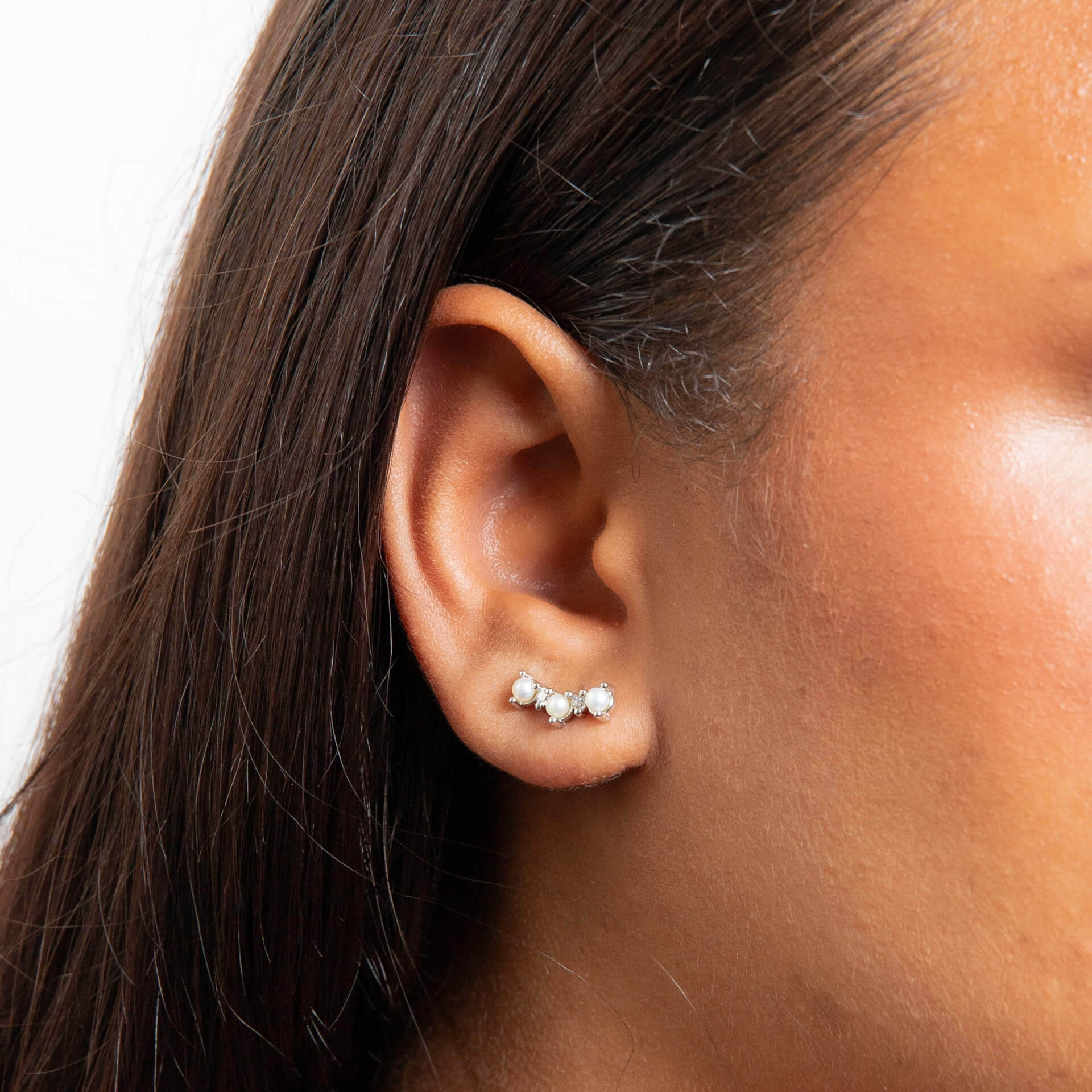 Curved Freshwater Pearl and Cubic Zirconia Crawler Earrings