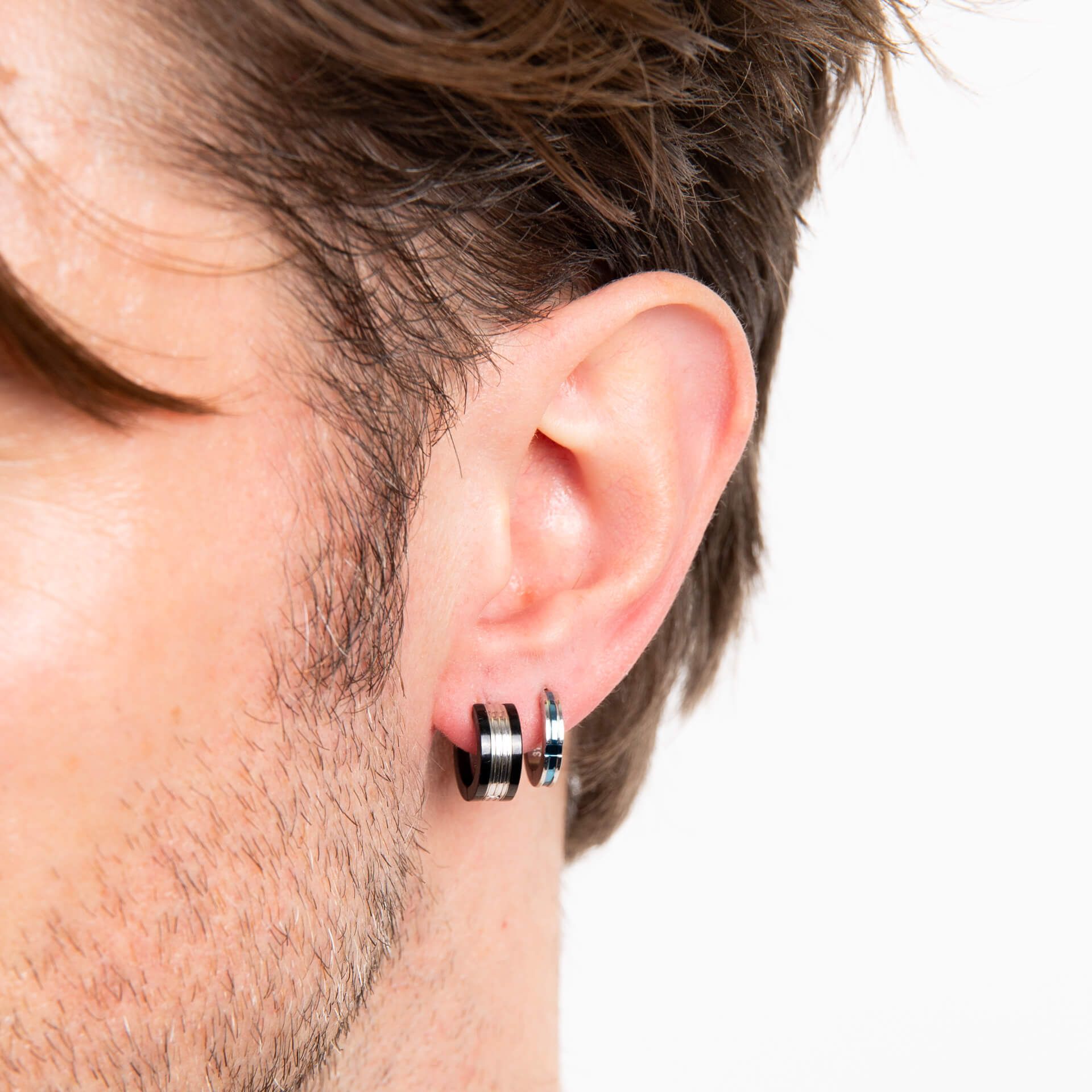 Stainless Steel and Black Detail Hoop Earrings