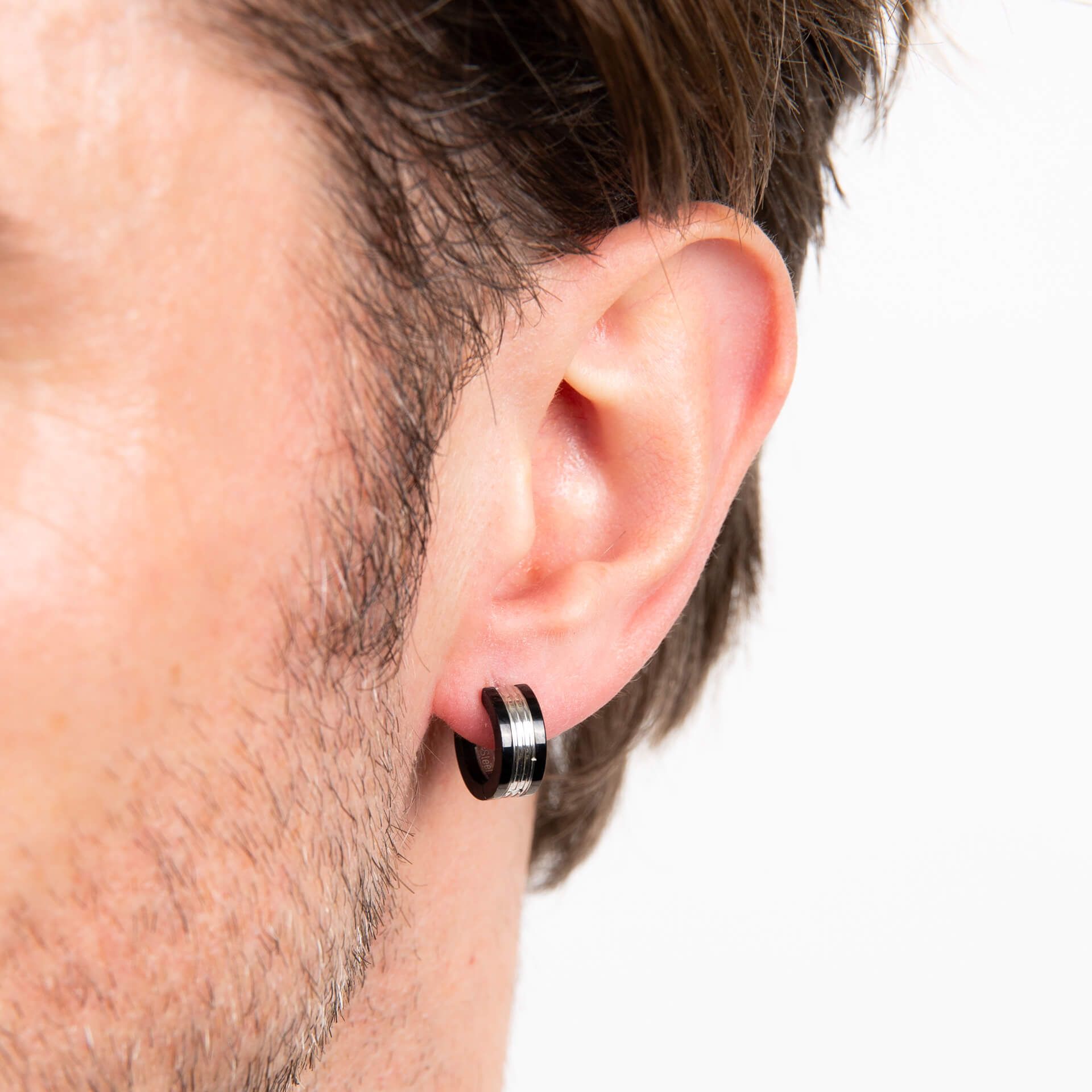 Stainless Steel and Black Detail Hoop Earrings