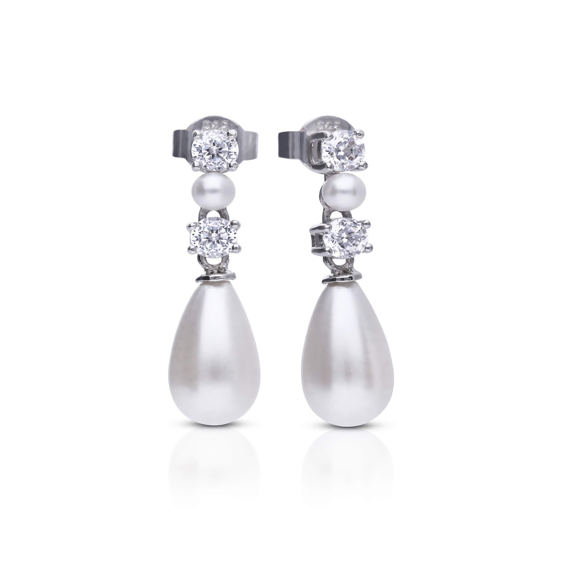 Alternating Shell Pearl and Zirconia Drop Earrings
