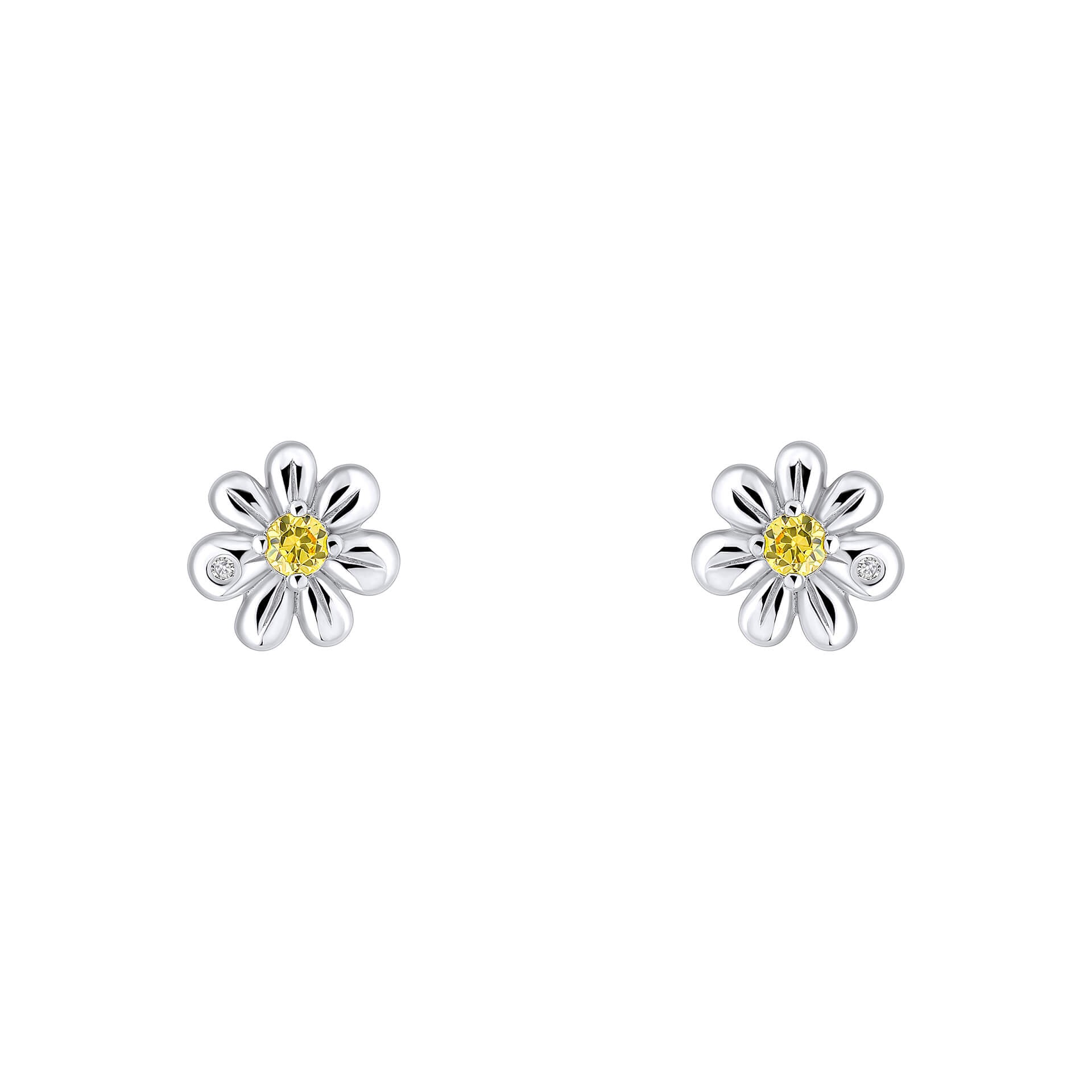 Daisy Stud Earrings with Yellow CZ and Diamond