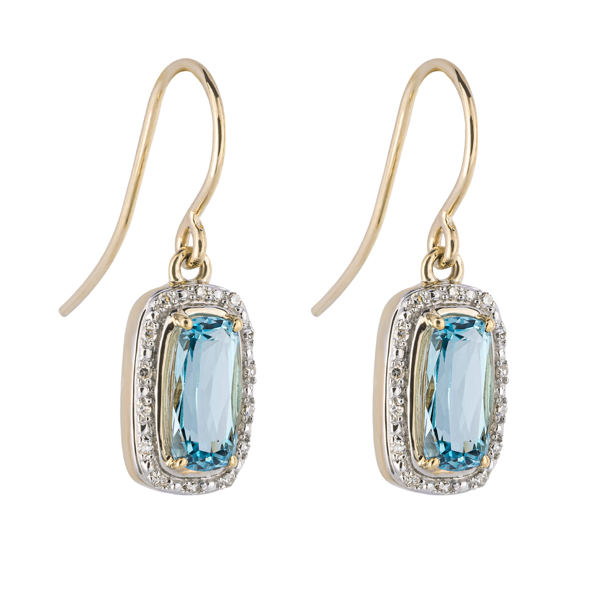 Elongated Blue Topaz and Diamond Surround Drop Earrings